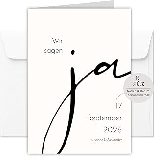 10 personalisierte Hochzeitseinladungen Wir sagen Ja inkl. Umschläge | Einladungen für Hochzeit, Standesamt, Save the Date Karten Hochzeit | Klappkarte DIN A6 (Wir sagen ja personalisiert 10 Stück)