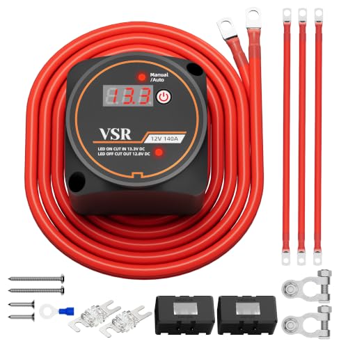 Joinfworld 3M 140 Amp 12V Split Charge Relay Kit with Led Voltmeter Manual/Auto Mode Waterproof Voltage Sensitive Relay Smart Dual Battery Isolator for Marine Truck ATV UTV RV Boat Vehicles