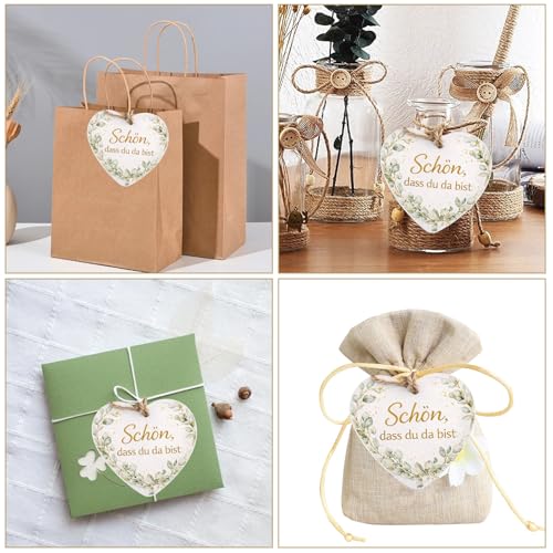 50 Stück Schön Dass Du Da Bist Anhänger Herz Eukalyptus, 5cm Geschenkanhänger Hochzeit, mit Schnur, Papieranhänger, für Geschenkverpackung, Geburtstag, Babyparty, Flaschen,Taufe, Weihnachten