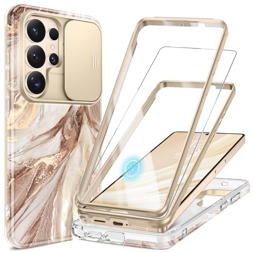 Image of GVIEWIN for Samsung Galaxy S26 Ultra Case, [Slide Camera Cover & Built-in HD Screen Protector] [2 Front Frames] Shockproof Military Grade Protective Marble Phone Case for S26 Ultra 6.9 inch (Topaz)