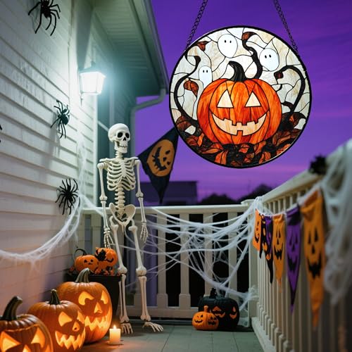Image of Stained Glass Window Hanging - Halloween Decorations Pumpkin Ghost Suncatcher for Doors Garden Indoor Spooky Funny Orange Sun Catchers Gothic Decor Horror Gifts for Women Men Friend 9.8 in