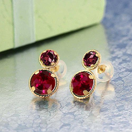 Gem Stone King 14K Yellow Gold Red Created Ruby and Red Rhodolite Garnet Earrings For Women (2.74 Cttw, Gemstone July Birthstone, Round Cut 6MM and 4MM)2