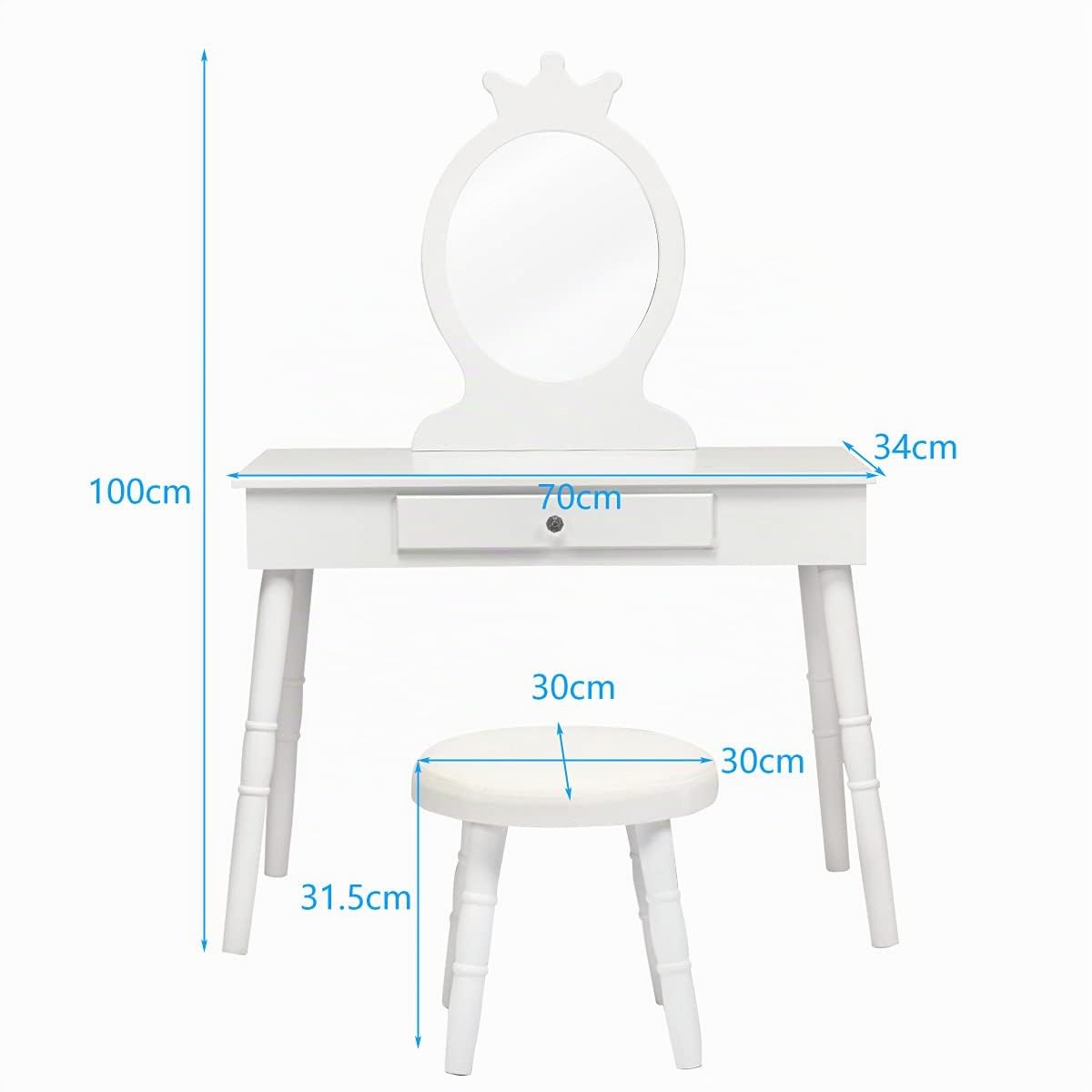 GOPLUS Tocador Infantil con Espejo en Forma de Corona (Incluye Mesa de Maquillaje y Taburete), 1 cajón, Accesorio de Maquillaje, Mesa de Maquillaje para niñas, Estilo Princesa (Blanco)