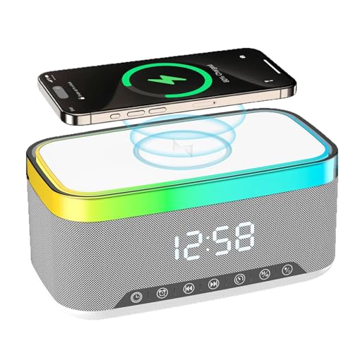 PORFOYO Wecker Digital, Wecker mit Ladestation, Radiowecker Funkuhr Digital mit Bluetooth Lautsprecher 6 Farben Nachtlicht 15W Kabelloses Ladegerät...