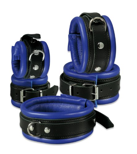 BDSM Bondage Set, echtes Leder, Fesselset gepolstert, blau