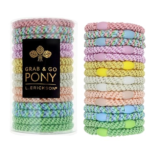 L. Erickson Pastel Hair Ties for Thick Hair, Grab & Go Pony Tube, 15 Pack, Taffy, Thick No-Crease Bands with Strong Hold, Damage-Free Design, Sweet Spring Colors
