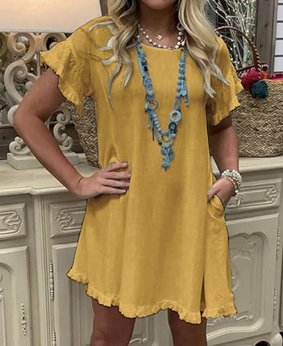 CHARTOU Women Loose Linen Mini Dress Summer Modest Frayed T Shirt Flowy Ruffle Short Sleeve Shift Dress Pocket2