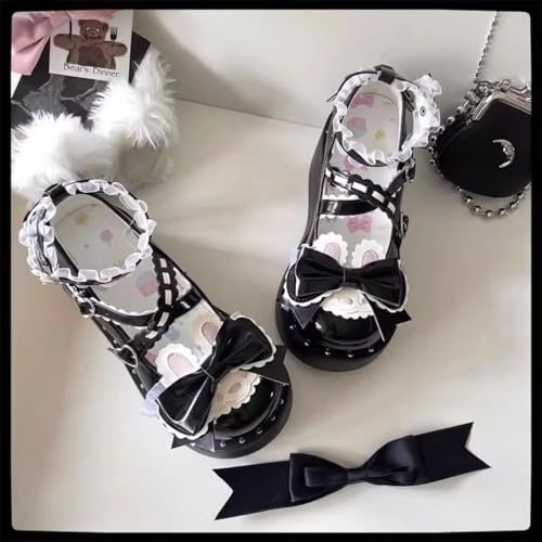 Round Toe Platform Mary Jane Shoes with Bunny Bow and Lace Trim Cute Soft Sole Lolita Style Flats2