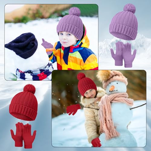 Image of JaGely Kids Beanie and Glove Set Winter Snow Warm Hat and Gloves Unisex Knit Hat with Pompom Full Fingers Ski for Boys Girls