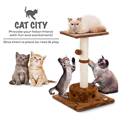Fluffy Paws – Cat Tree With Scratching Post, Cat Toy And Soft Carpeted 16 X 16 Base | Cat Tower Is 18" H, Plenty Of Room For Playing, Scratching & Sleeping | Kittens Not Included, Beige/Brown #TOP1