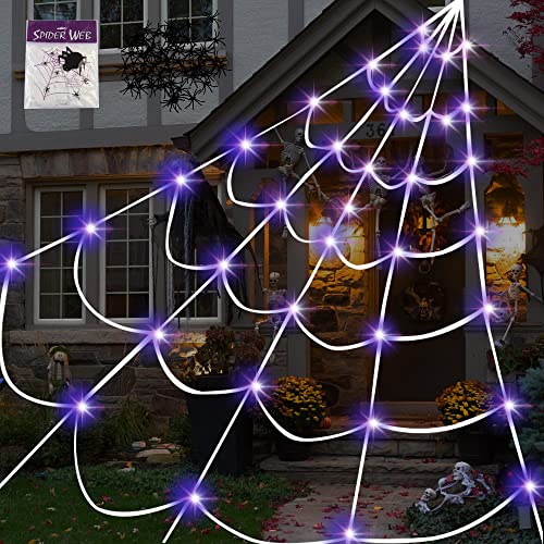 CHBOP 17 * 16 Fuß Halloween Spinnennetz 135 Led Lila Lichter Dreieckiges Batteriebetriebenes Spinnennetz Wasserdicht mit 200 Quadratfuß Spinnennetz und 50 kleine Spinnen Cover