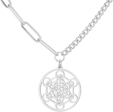 UNIFT Metatrons Cube Pendant Necklace For Men Women Stainless Steel Geometric Style Hollow Out Seals of Archangel Necklace Spiritual Healing Talisman Jewelry
