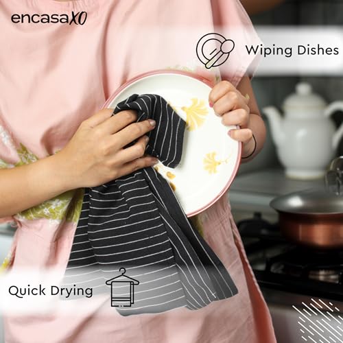 Image of Encasa XO Kitchen Towels Cotton Pack of 12 | 70x45 cm, Butcher Black - Dish Cloths | Highly Absorbent Cleaning & Wiping Cloths for Kitchen | Reusable Tea Towels
