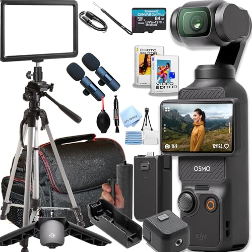DJI Osmo Pocket 3 Capture More Combo Creator Bundle – 4K/120fps 1” CMOS Camera w/ 64GB Card, Battery Handle, Tripod, 104 LED Panel Light, 2 Wireless Lavalier Mics, Case, Grip & Video/Photo Software