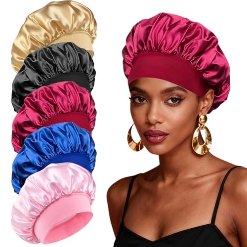 5 Pcs Silk Bonnet for Sleeping Women, Curly, Natural, or Color Treated Hair Bonnet for Sleeping, Satin Bonnet Hair Accessories for Women (Black+Pink+Red+Blue+Gold)