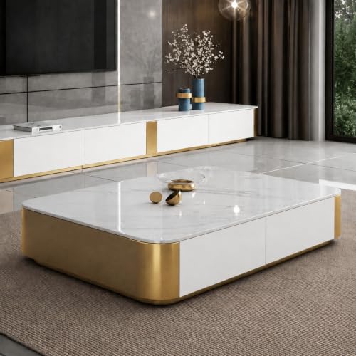 Image of WOODEN SPACE Jaguar Modern Marble Top Coffee Table with Storage | 47.24 Inch Rectangular Centre Table for Living Room | High Gloss Finish (Golden White)