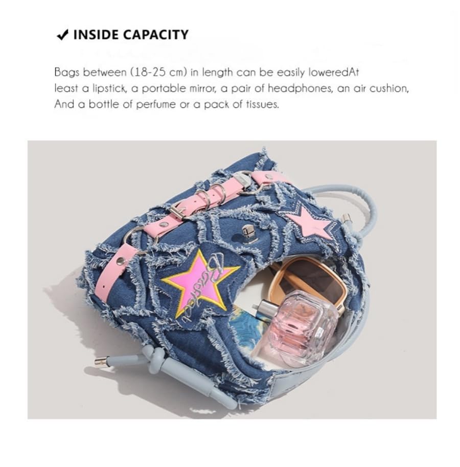 Image of Denim Hobo Bag for Women, Small Star Jean Fringe Shoulder Purse, Soft Top Handle Bag Crossbody Bag
