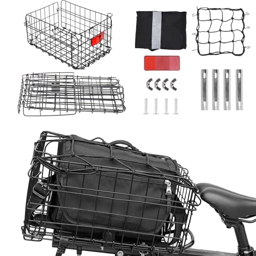 Dreamoon Foldable Bike Basket Rear, Quickly Release Design Rear Rack Bicycle Basket, Universal Bike Rear Basket with Cargo Net, Waterproof Cover, Reflective Strips, for Shopping, Outdoor, Pets