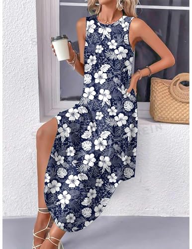 Image of Zeagoo Women Floral Summer Casual Beach Printed Tank Dress with Pockets Pleated Front Long Dress