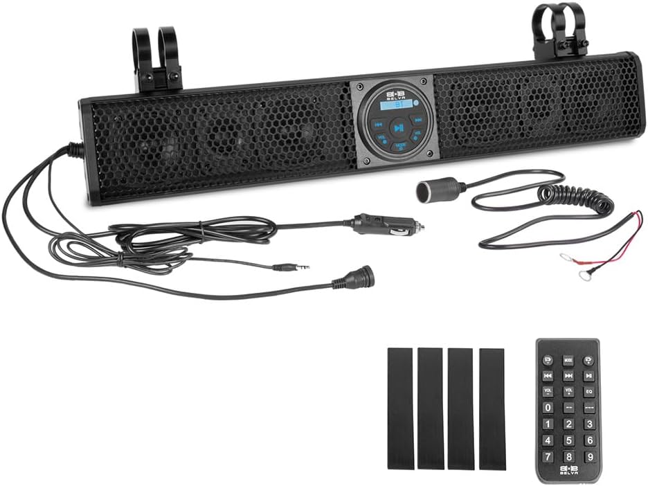 BELVA BASB26v2 26” 500W Amplified Weatherproof Bluetooth Soundbar for UTV/ATV/SxS/Golf Cart, 6-Speakers, Remote Control, Preset Equalizer, Fits 1.5" - 2" Roll Bars