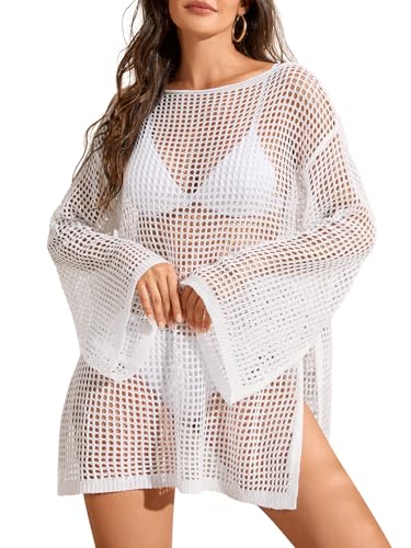 Image of Lilosy Sexy Crochet Sheer Kaftan Caftan Beach Dress Bathing Suit Swim Coverup Summer Vacation Outfits One Piece