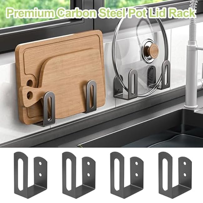 Under Cabinet Cutting Board Holder 4Pcs Carbon Steel Pot Lids Rack Storage for Kitchen Under Shelf Counter Chopping Board Organizer (Gunmetal Grey)