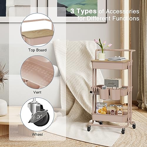 Image of DTK 3 Tier Rolling Utility Cart with Cover Top Board, Movable Kitchen Storage Cart Trolley with Lockable Wheels, Cups, Hooks for Kitchen Bathroom Home Office Art Craft Storage and Organization(Pink)