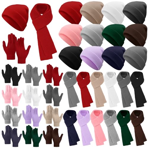 Image of JaGely 36 Pcs Kids Beanies Gloves Scarf Winter Bulk Warm Hat Stretchy Full Fingers Gloves Scarves for Boys Girls (Neutral)