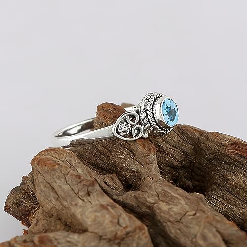 925 Sterling Silver Natural Blue Topaz Stone Ring, Handmade Gemstone Ring, Energy Healing Crystals, Birthday, Bohemian Jewelry | Promise Victorian Wedding Ring | Gift for Women (US - 6)3
