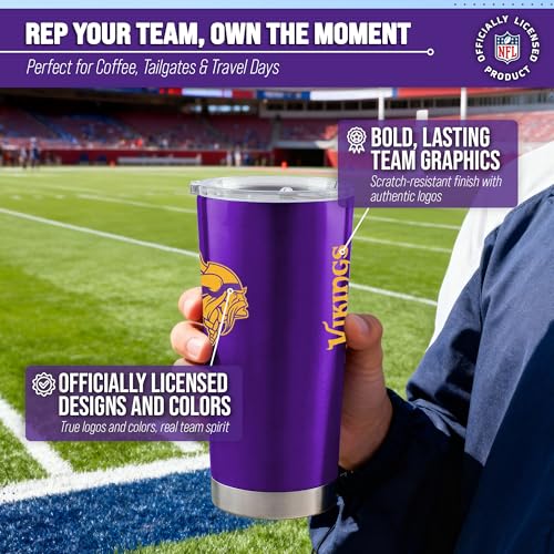 Image of Minnesota Vikings NFL 20oz Stainless Steel Insulated Tumbler, Slider Lid | Officially licensed Vikings drinkware; double-wall vacuum construction; cupholder compatible; BPA-free; hand wash only