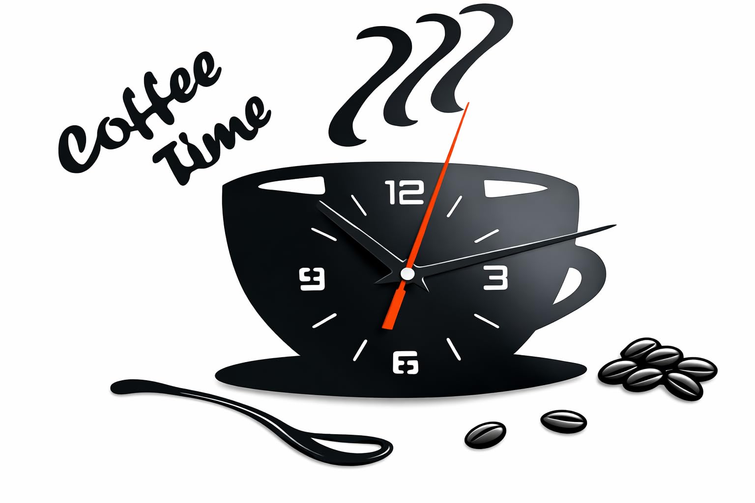 eBoutik - Modern Frameless Coffee Cup Wall Clock – Large 3D Metal Number Sticker Clock for Kitchen, Coffee Bar, Café or Office – Silent Decorative Wall Décor (Coffee Time)