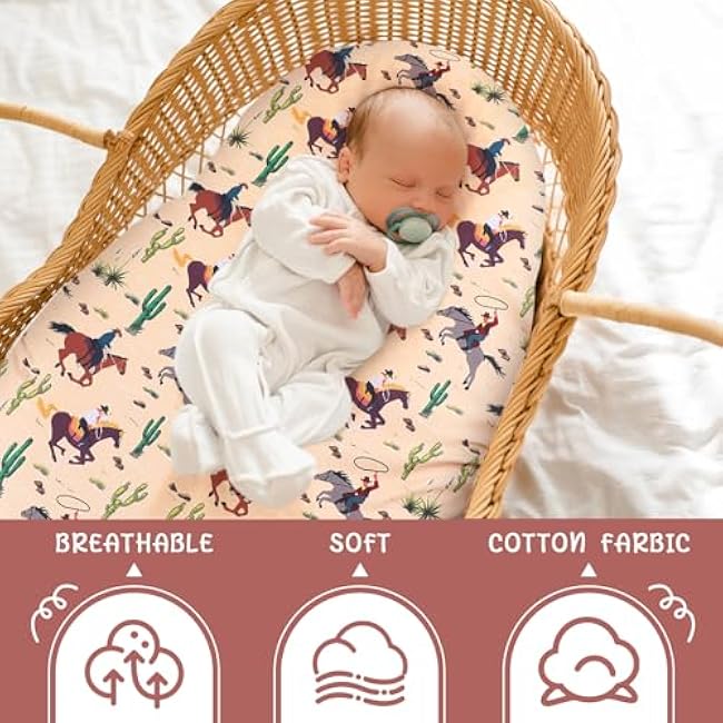 4 Pcs Western Bassinet Sheets for Boys 32 x 16 x 3 Inches Cowboy Crib Sheets Set for Standard Bed and Toddler Mattresses, Rectangle Soft Breathable West Jockey Print Newborn Bedding for Girl Boys