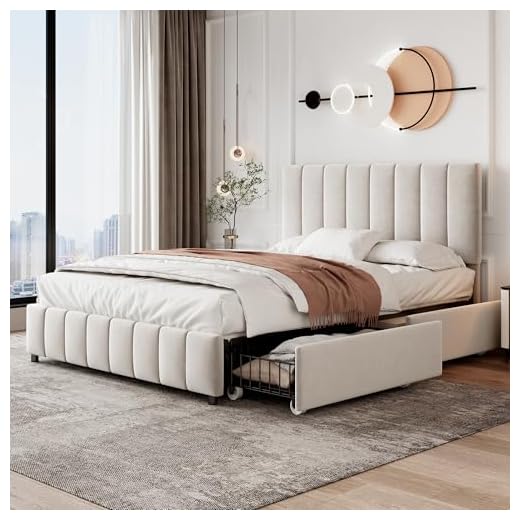 4ft6 Double Bed Frame Upholstered Platform Bed with 4 Storage Drawers&Adjustable Channel Tufted Headboard, Velvet Fabric, Sturdy Metal-Wood Support, No Box Spring Needed,Easy Assembly,Beige Double Bed