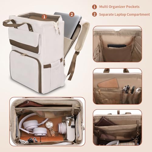 Image of BERTASCHE Lunch Backpack for Women, 15.6 Inch Laptop Backpack with Insulated Cooler Lunch box, Nurse Backpack for Teacher Work Travel College Picnic, Beige