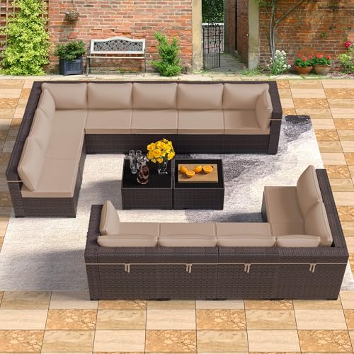 Image of 14 Pieces Outdoor Patio Furniture Set,Outdoor Sectional Furniture All Weather PE Rattan Wicker Patio Conversation Set with 2 Coffee Tables and 12 Thickened Cushions,Sand
