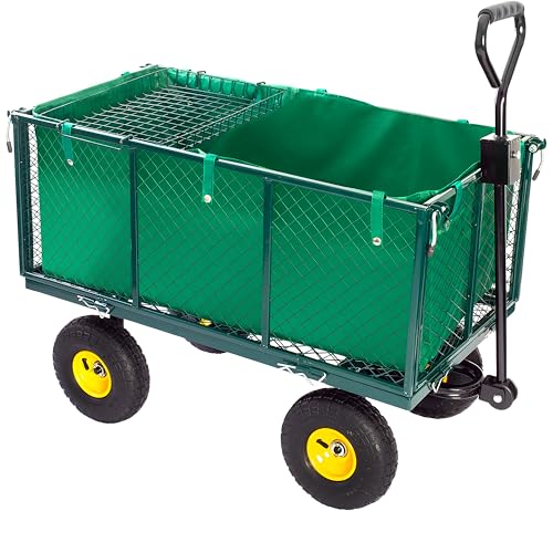 Gartenwagen mit Abnehmbaren Seitenwänden, Handwagen Luftbereifte Profilreifen & Handgriff, Vielseitiger Transportwagen für Garten Ausflüge Rasentraktor Anhänger, Schwerlast bis 550 kg