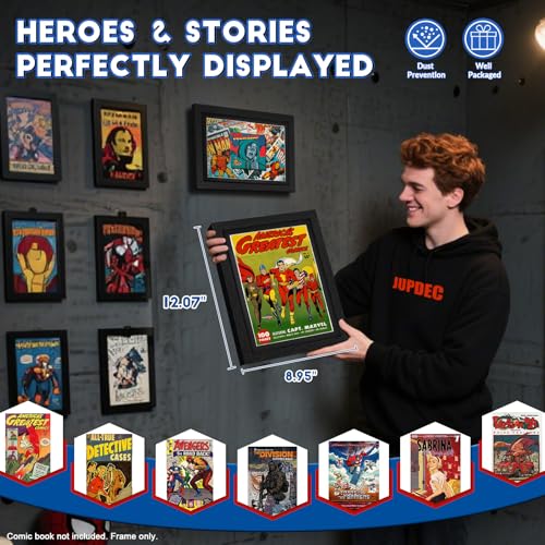 Image of JupDec Comic Book Frame, Premium Wood Display Case for 6 11 /16 inch x 10 3 /16 inch Comic, Wall Mount or Tabletop Stand, Layered Design with Positioning Mat, Perfect for Home Decor, 1 Pack