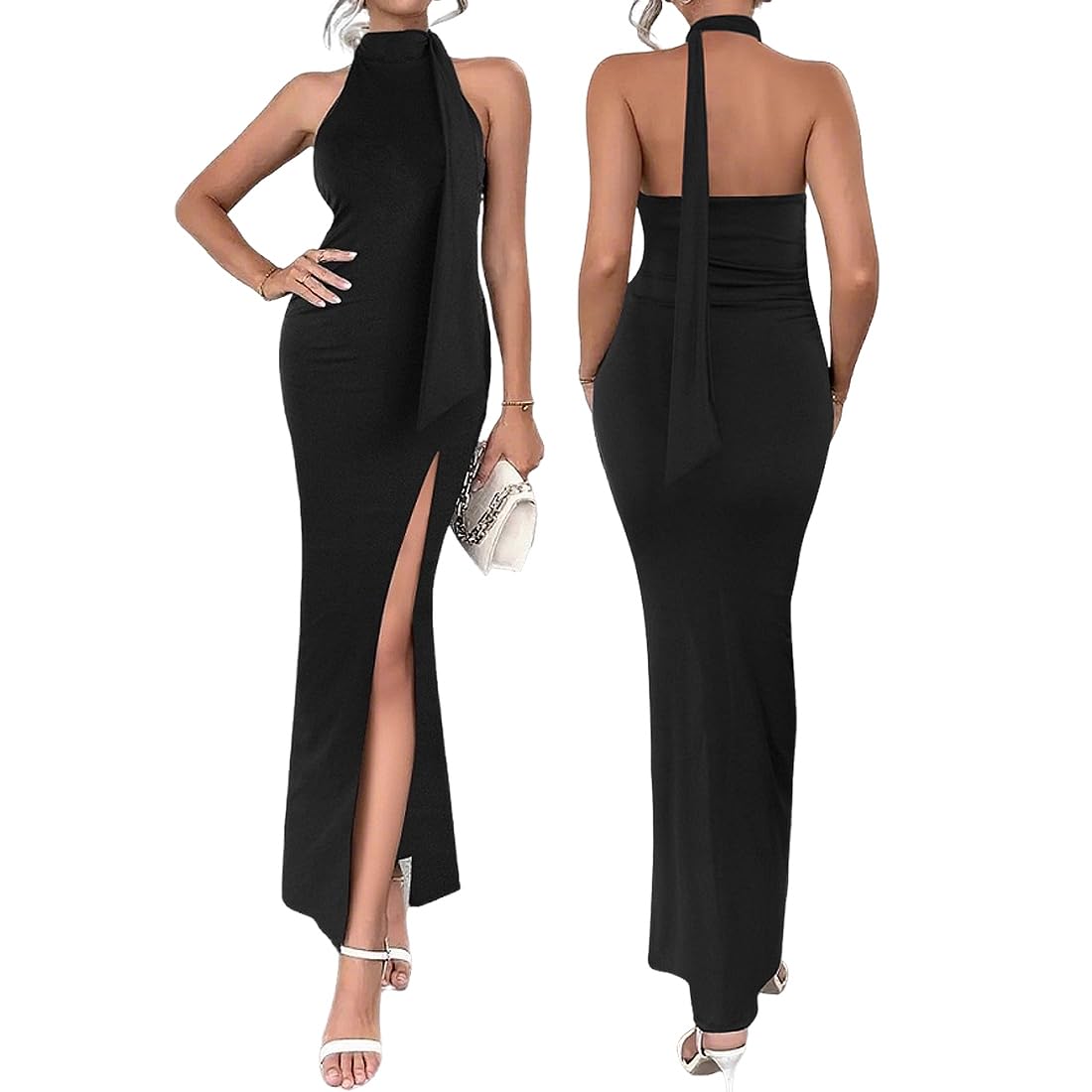 Gkaopi Women's Summer Maxi Dress Sexy Sleeveless Halter Neck Long Dress Backless Slit Going Out Dresses Bodycon Slim Fit Evening Dresses for Party Cocktail Prom Wedding(L) Black