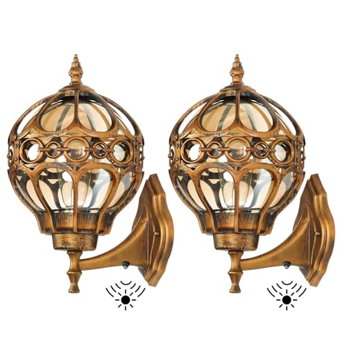 Dusk to Dawn Outdoor Wall Light Fixtures, Gold Exterior Aluminum Waterproof Porch Lights, Globe Anti-Rust Outside Sconce Lantern Wall Mount with Amber Glass for Patio Backyard Garage Doorway, 2 Pack
