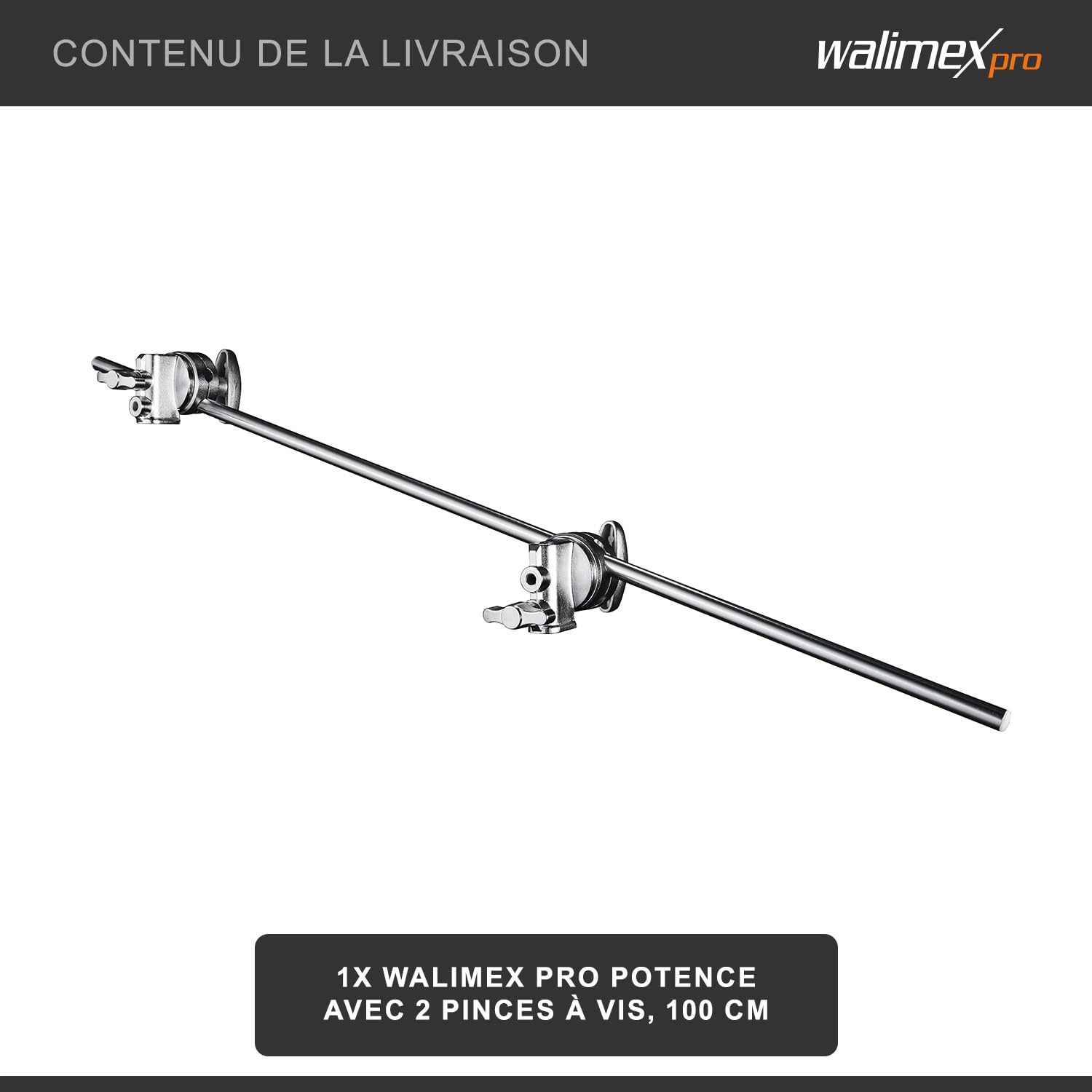 Walimex Pro Trépied girafe avec 2 pinces à vis de serrage, 100 cm, (par ex. pour utilisation sur trépied de lampe ou barres transversales)