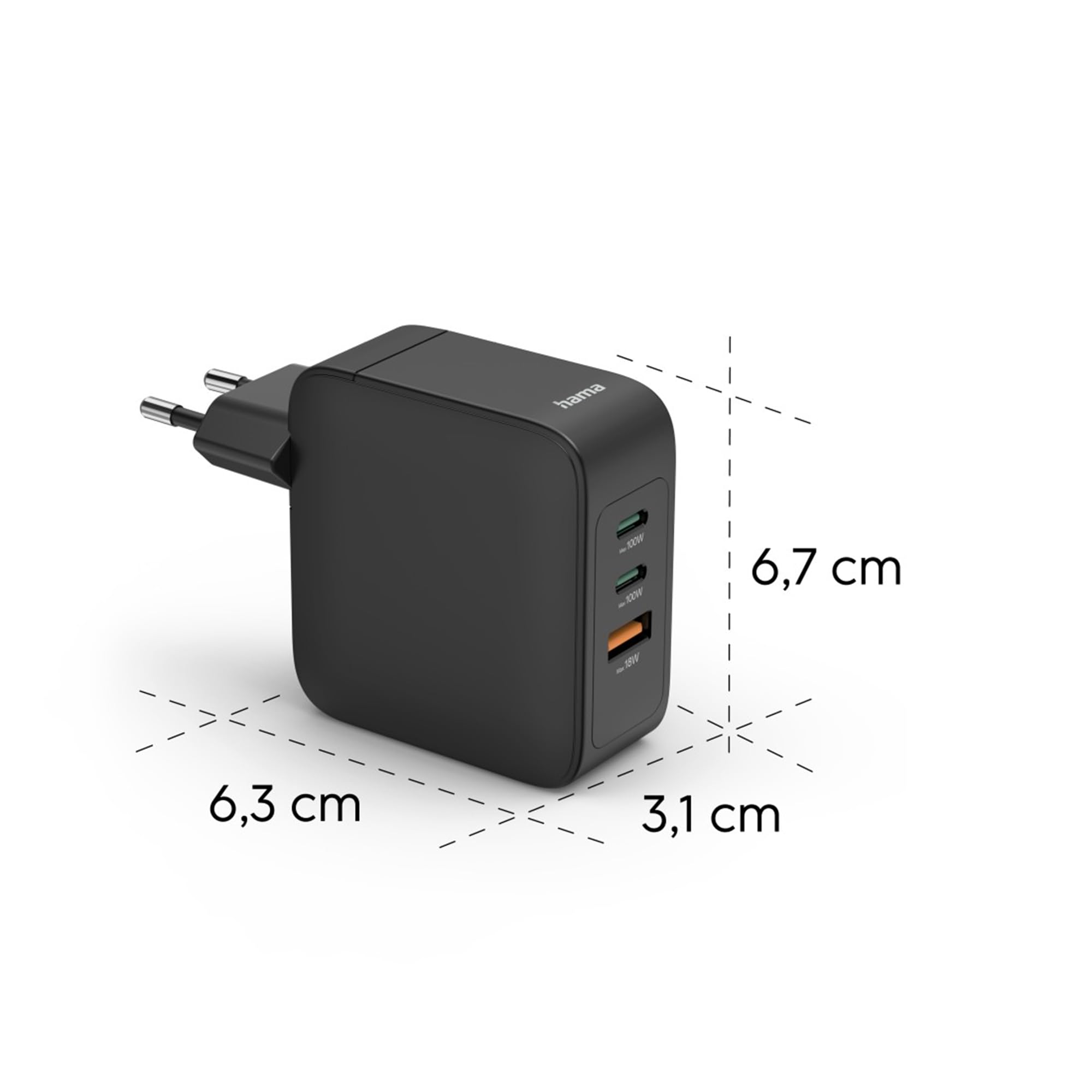 GaN 100 W szybka ładowarka z Power Delivery & Quick Charge 3.0 – 3-portowa USB-C i USB-A adapter do ładowania smartfonów, tabletów i laptopów – kompaktowa, bezpieczna, czarna