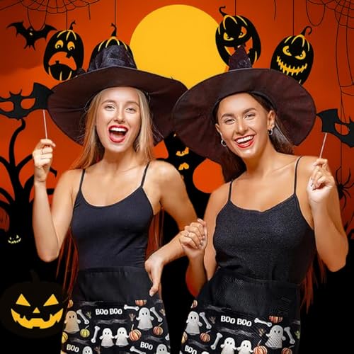 Image of BOHARERS Waitress Aprons With 3 Pockets Halloween Aprons for Servers,Ghost Black Waist Aprons for Women - Halloween Decorations