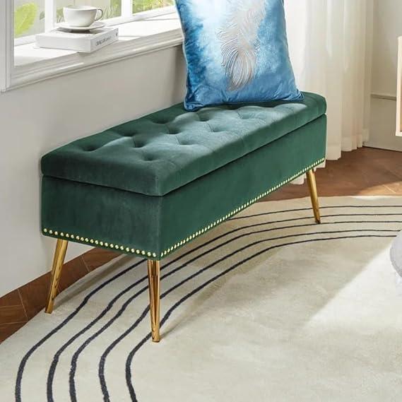 Image of Modern Velvet Storage Ottoman with Gold Base Button 2 Seater | Upholstered Long Ottoman for Bedroom, Living Room, Entryway & Sofa Upholstered | Comfortable Padded Accent Furniture | Green