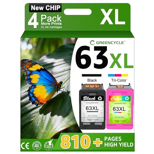 greencycle Remanufactured Ink Cartridge Replacement for HP 63 63XL Combo Pack 2 Black+2 Tri-Color Compatible for HP Envy 4520 4516 Officejet 4650 3830 3831 4655 Deskjet 2130 2132 1112 3630 3633