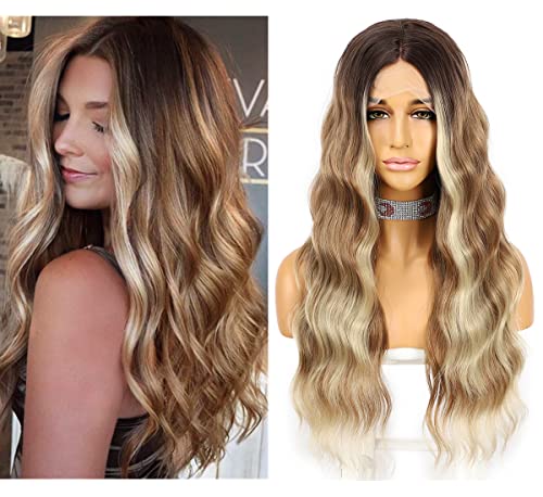 Ombre braun synthetische Perücke lange wellige Perücken mittlereTeil Spitze vorne Perücken für Frauen hitzebeständig natürliche Blick 22 Zoll Cover
