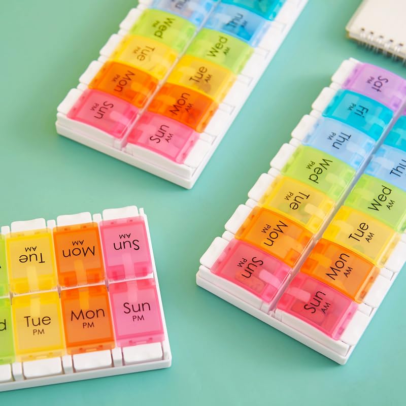 Wopanxye Push Button 7-Day Pill Case, Daily Medicine Planner, Travel Vitamin Organizer, Twice a Day AM PM 14 Compartments Pill Box Reminder for Fish Oil, Supplement, Arthritis Friendly, Colorful Lids