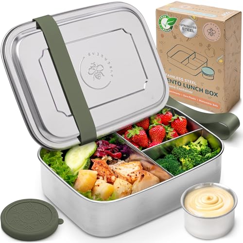 Everusely - Caja Bento - Salvia - 0,8 l - Fiambrera de acero inoxidable con recipiente para condimentos a prueba de fugas - Organizador de aperitivos de 3 compartimentos