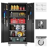 Reemoon Garage Storage Cabinet with 5 Adjustable Shelves and Door Pegboard,Metal Storage Cabinet with Wheels for Garage Home,Required Assembly,Black, 71" H×32" W×16" D