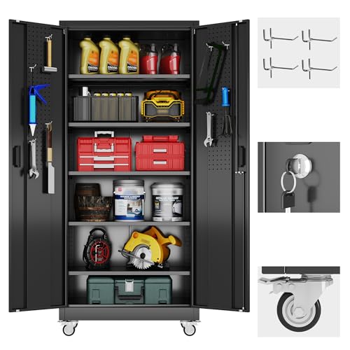 Garage Storage Cabinet with Adjustable Shelves and Wheels