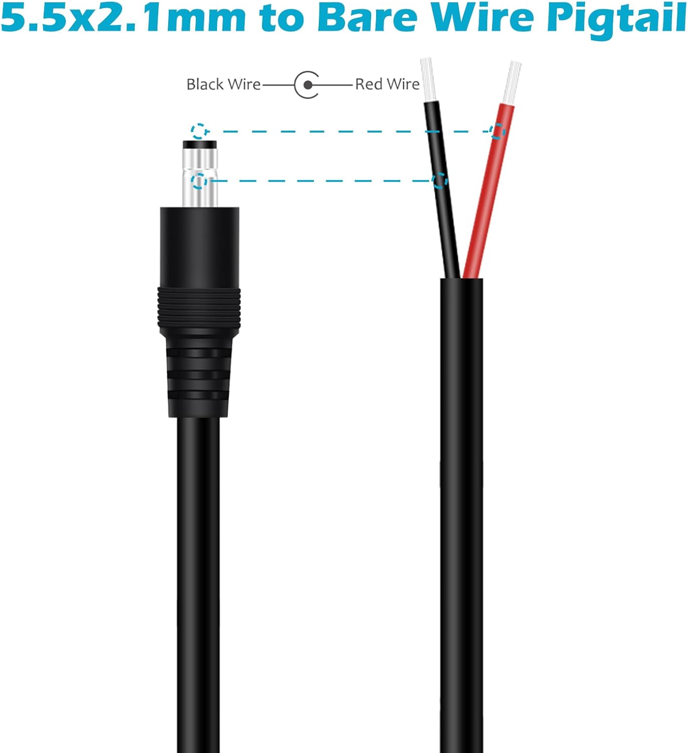 16AWG DC Power Pigtail Cable, 2-Pack 1FT 5.5mm x 2.1mm DC Barrel Male Plug Jack Connector to Bare Wire Power Supply Adapter Repair Cord for CCTV Surveillance Security Camera LED Strip - Image 4